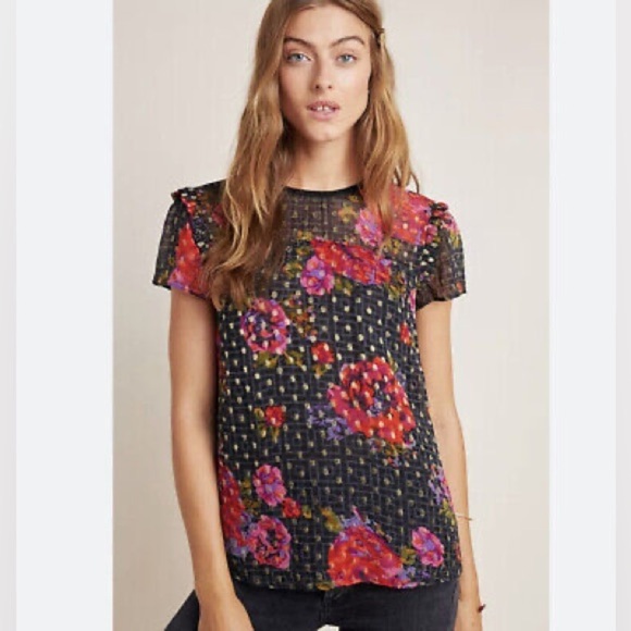 Anthropologie Floral Metallic Polka Dot Ruffle Sleeve Blouse Size 4 Small - Picture 8 of 8